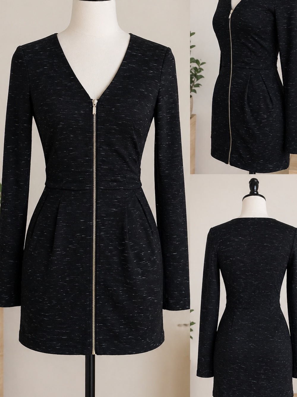 Dynamite Black V-Neck Long Sleeve Zip Front Dress - Picture 2 of 6